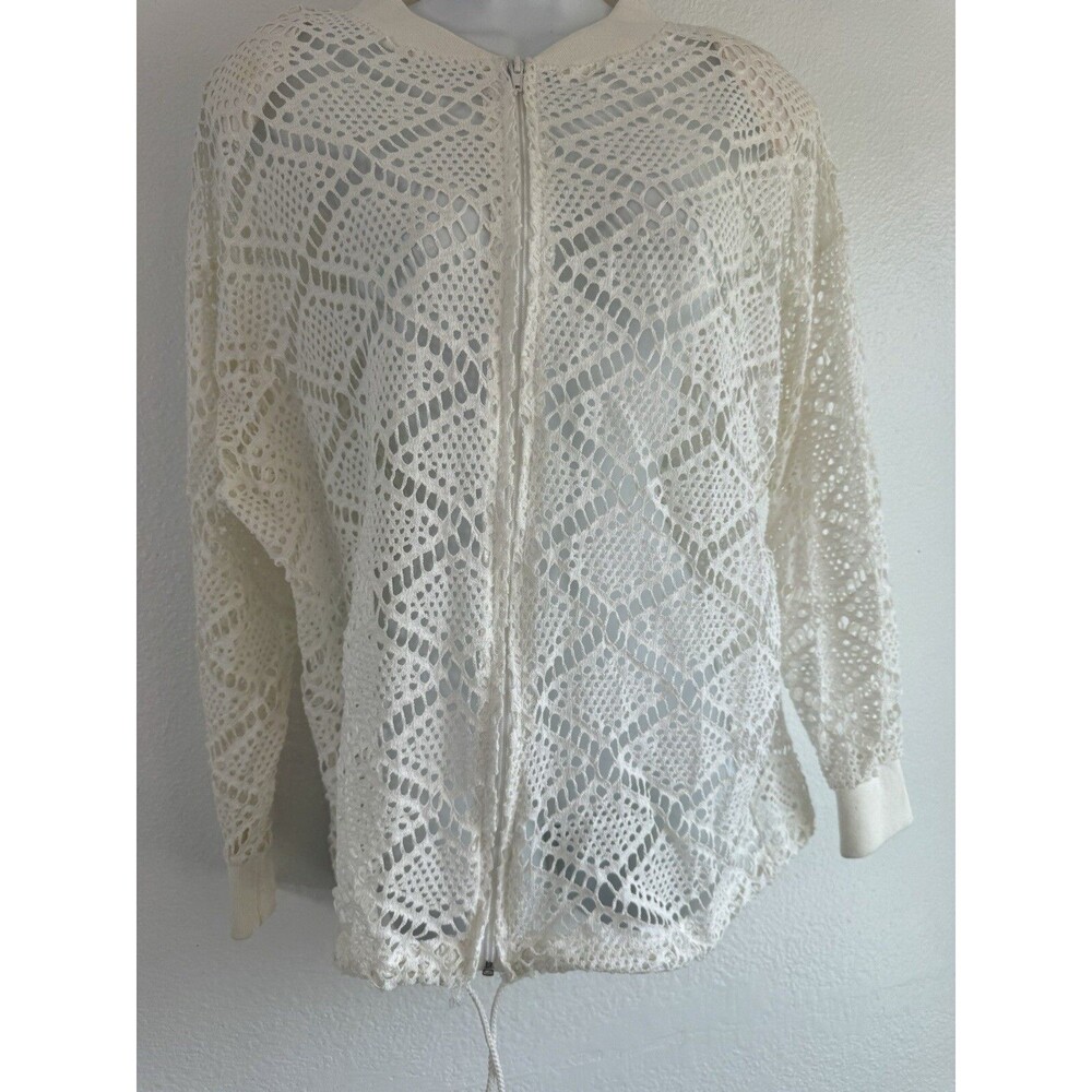 Jaguar Vintage 80s White Full Zip Crochet Jacket Baithing Suit Cover Up One Size